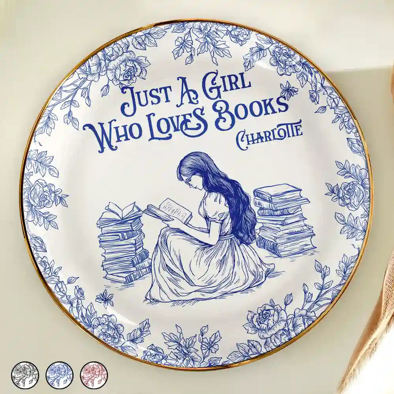 Reading, Gift For Yourself, Gift For Women, Happy - Just A Girl Who Loves Books Toile De Jouy Pattern - Personalized Round Ring Dish