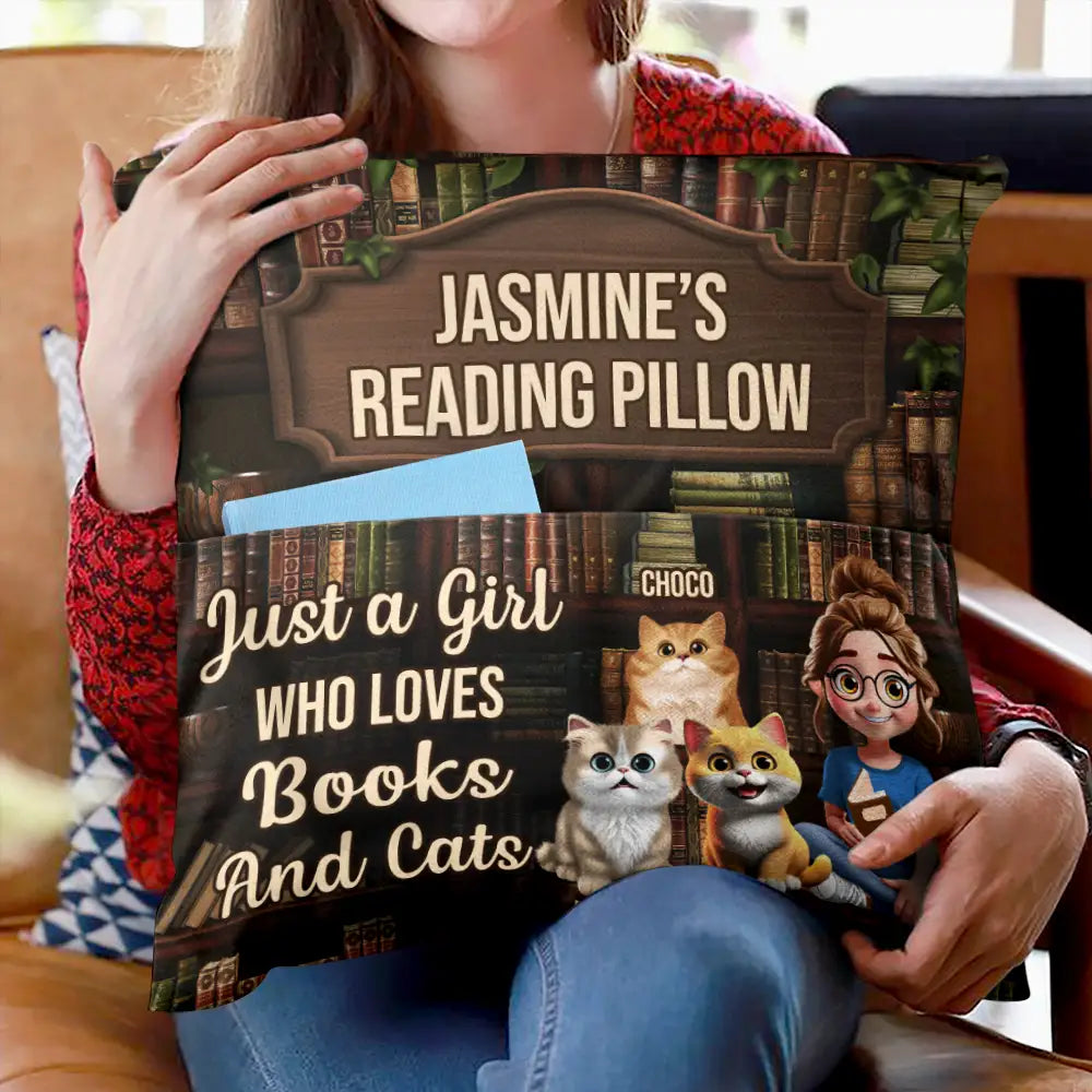 Gift For Yourself,Gift For Women,Gift For Men,Happy,Reading,Pet Lovers,Pet Mom,Pet Dad,Cat Lovers,Cat Mom,Cat Dad - Just A Girl Who Loves Books & Cats - Personalized Pocket Pillow