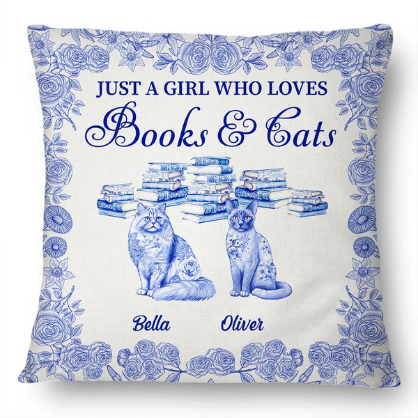 Reading,Cat Mom,Cat Lovers,Dog Lovers,Happy - Just A Girl Who Loves Books & Pets Toile De Jouy Pattern - Personalized Pillow