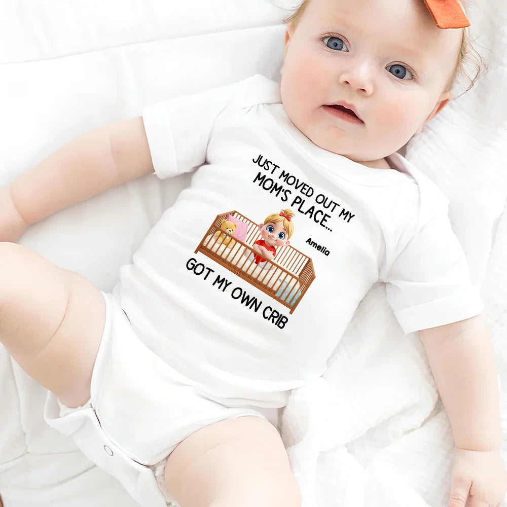 New Mom, New baby, Happy - Just Moved Out My Moms Place - Personalized Baby Onesie