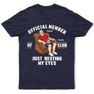 Gift For Father,Gift For Grandpa,Gift For Men,Non-Eng,Vector,Humorous - Just Resting My Eyes Sleeping Man With Dogs - Personalized T Shirt