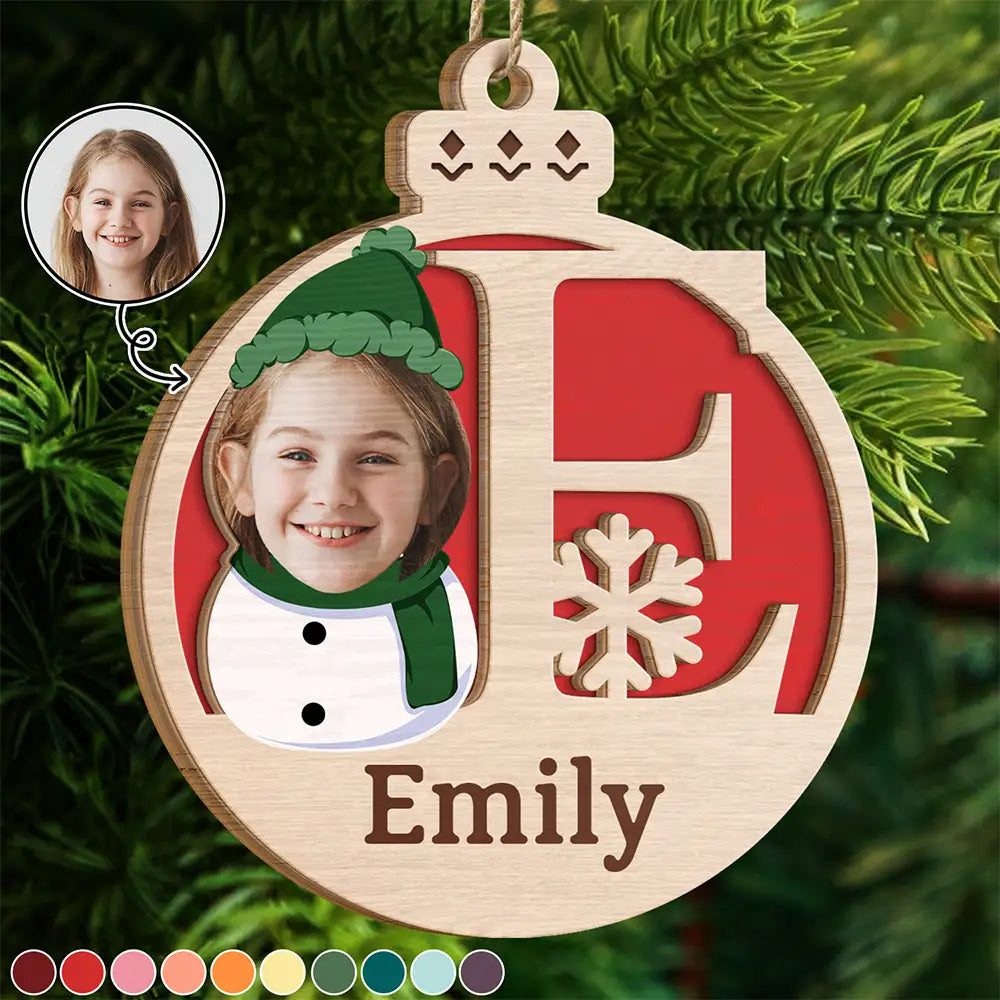 Custom Photo Christmas Snowman Monogram - Personalized 2-Layered Wooden Ornament