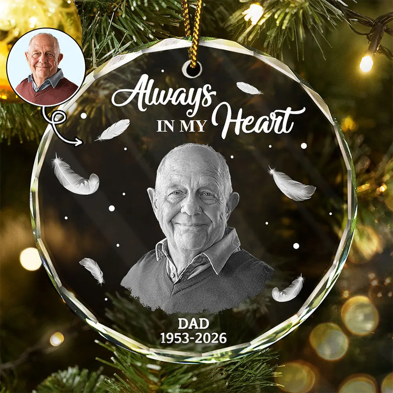 Memorial, Family - Custom Photo Memorial Always In Our Heart - Personalized Glass Ornament