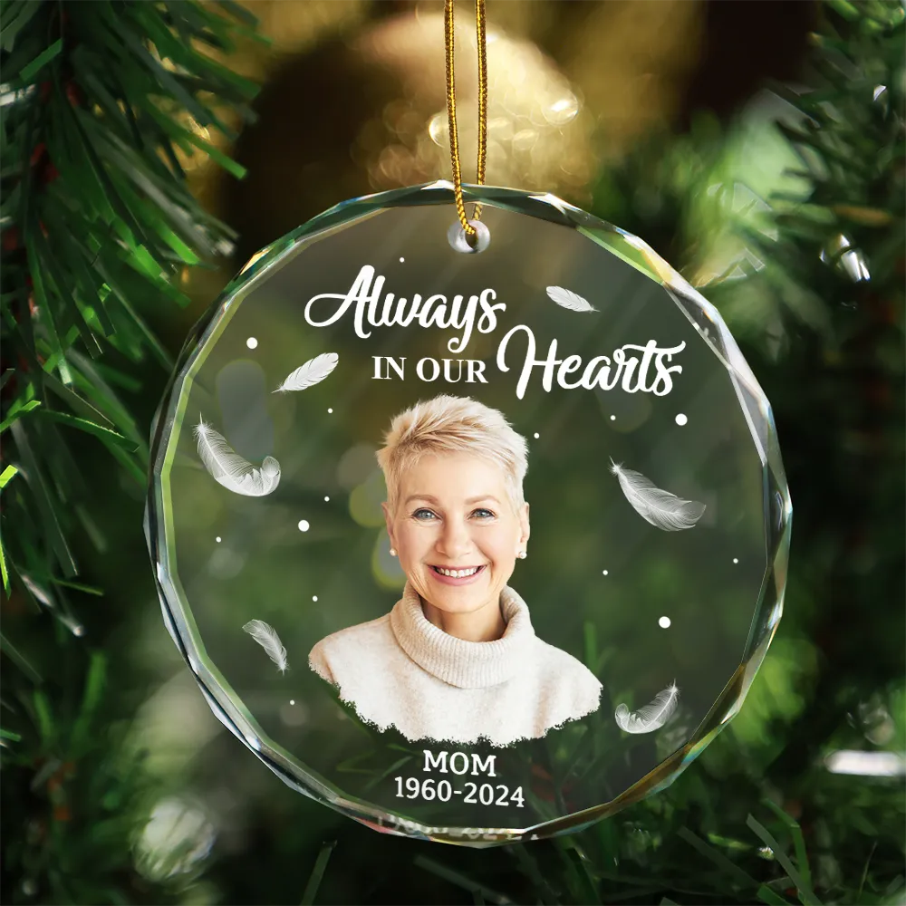 Memorial, Family - Custom Photo Memorial Always In Our Heart - Personalized Glass Ornament