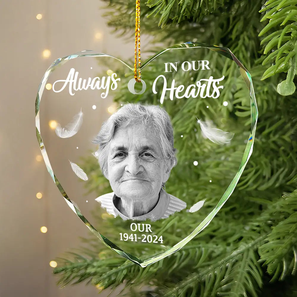 Memorial, Family - Custom Photo Memorial Always In Our Heart - Personalized Glass Ornament