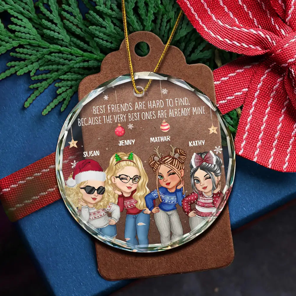 Gift For Bestie - Christmas Cartoon Best Friends Are Hard To Find - Personalized Circle Glass Ornament