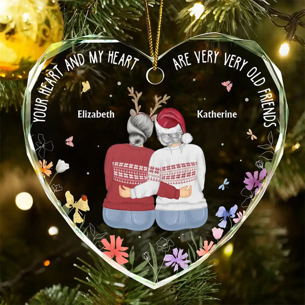 Gift For Bestie - Christmas Bestie Old Best Friends - Personalized Heart Shaped Glass Ornament
