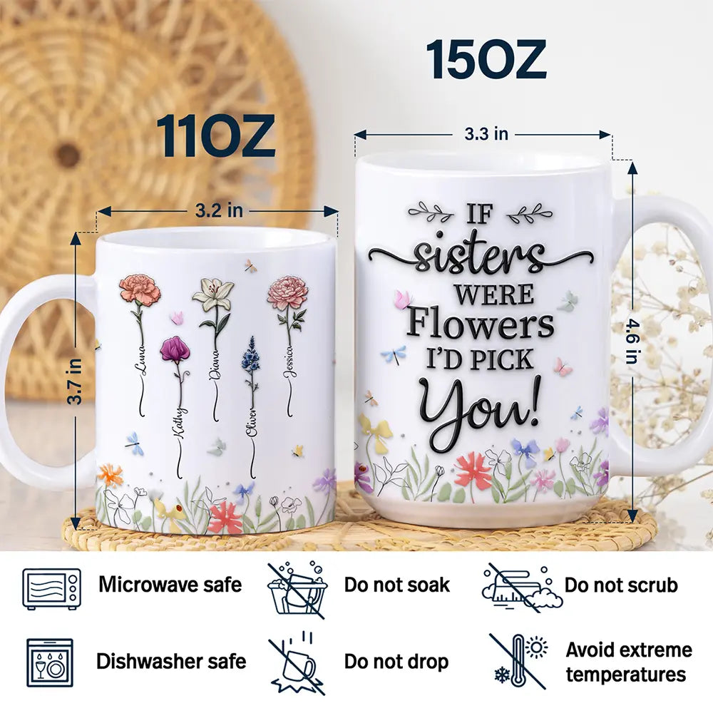 Gift For Sisters, Gift For Sibling - Birth Flower Sisters From The Same Garden - 3D Embossed Effect Printed Mug, Personalized White Edge-to-Edge Mug
