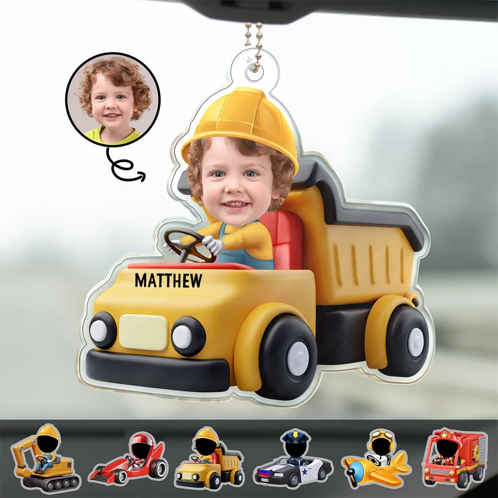Custom Photo Kids Construction Truck Driver - Personalized Acrylic Car Hanger