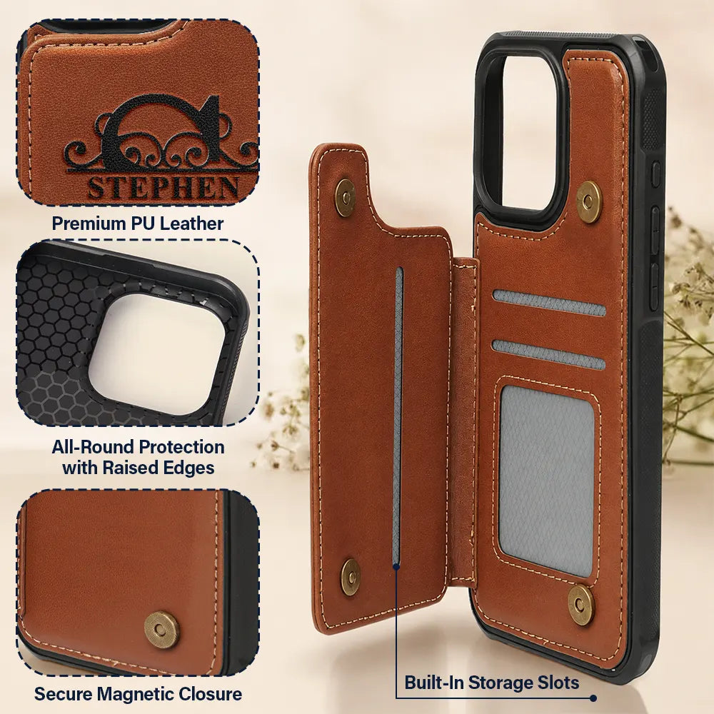Gift For Yourself,Gift For Women,Gift For Men - Monogram Initial - Personalized Leather Flip Wallet Phone Case
