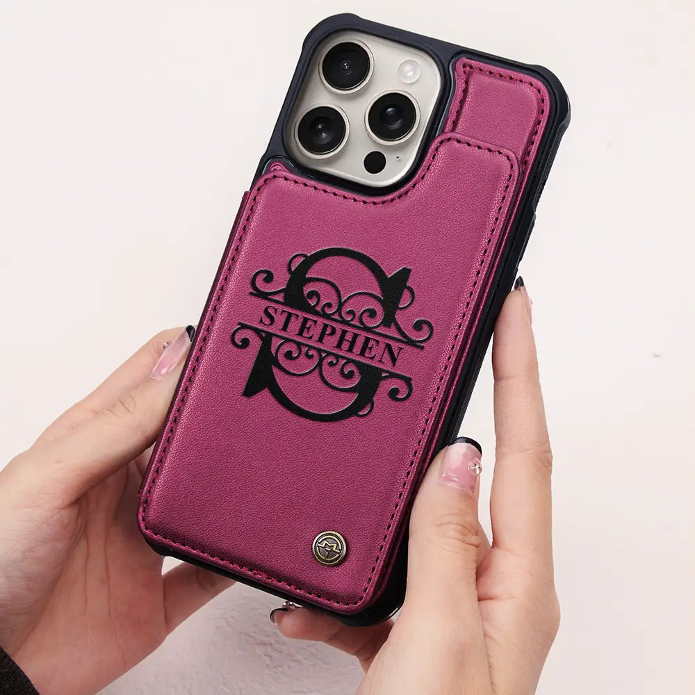Gift For Yourself,Gift For Women,Gift For Men - Monogram Initial - Personalized Leather Flip Wallet Phone Case
