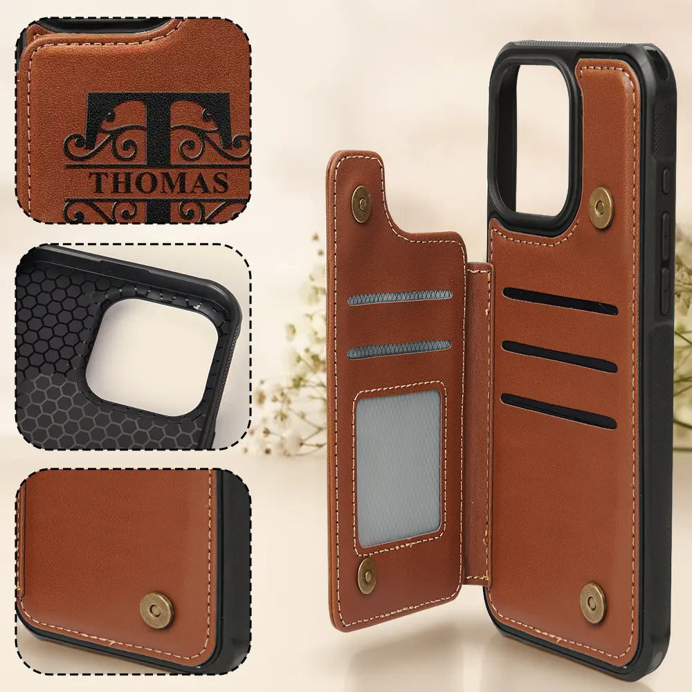 Gift For Yourself,Gift For Women,Gift For Men - Monogram Initial - Personalized Leather Flip Wallet Phone Case
