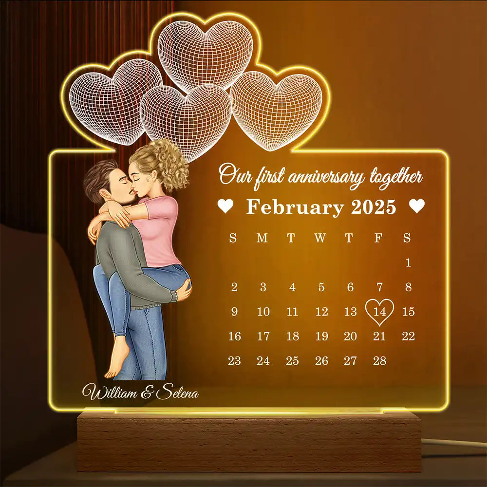 Gift For Couples,Gift For Husband,Gift For Wife,Gift For Boyfriend,Gift For Girlfriend,Happy - Calendar Couple Our First Anniversary Together - Personalized 3D Led Light Wooden Base