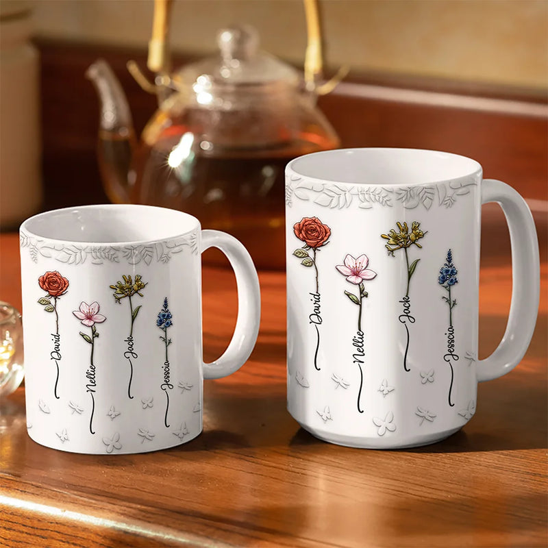 Gift For Women, Gift For Yourself, Gift For Mother, Gift For Grandma, Gift For Sisters, Gift For Bestie, Love - Birth Flowers For Mom, Grandma, Besties - 3D Embossed Effect Printed Mug, Personalized White Edge-to-Edge Mug