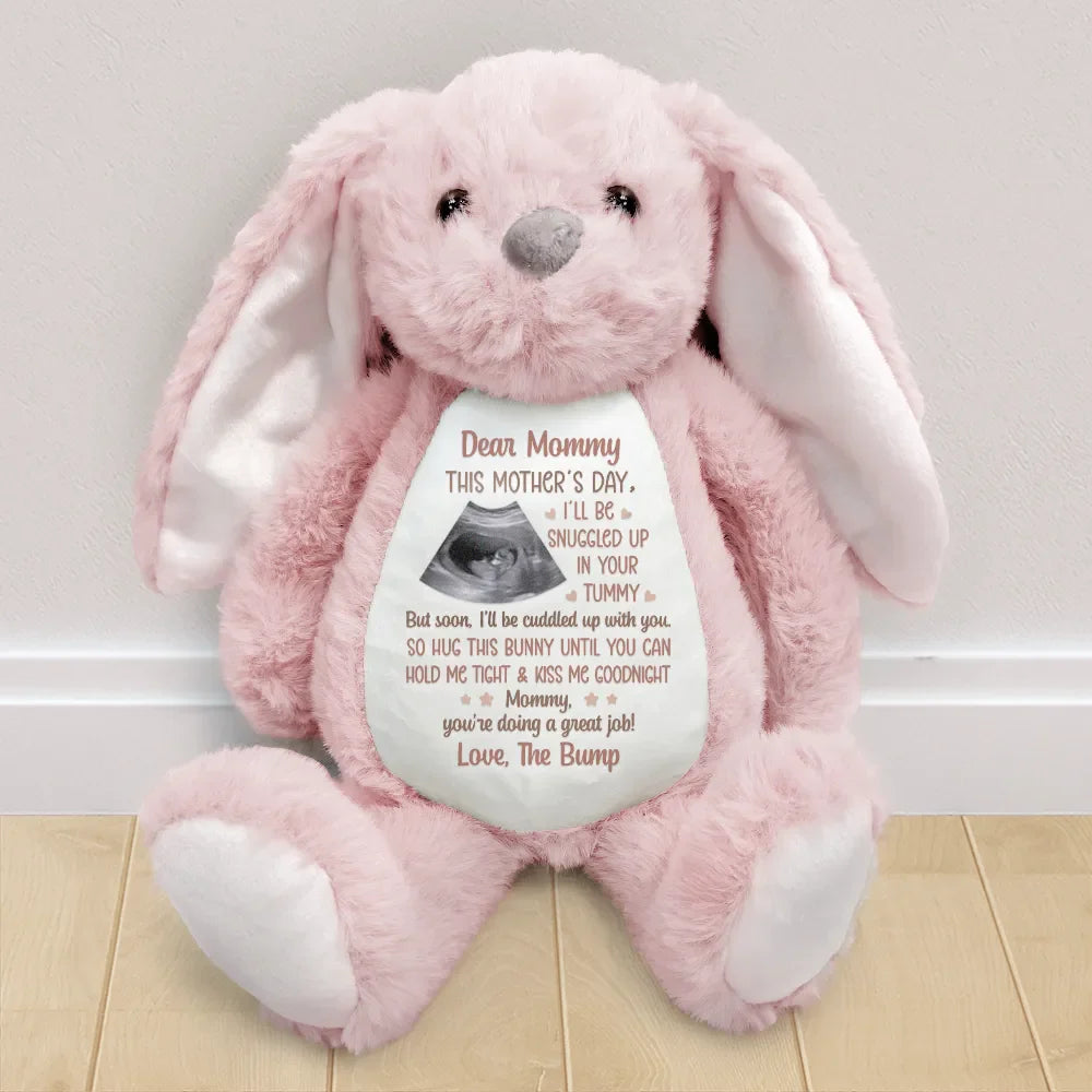 Happy,Gift For Wife,Parents,Gift For Mother,New baby,New Mom,Pregnant Mom - Custom Photo This Mother's Day I'll Be Snuggled Up In Your Tummy - Personalized Soft Toy Bunny