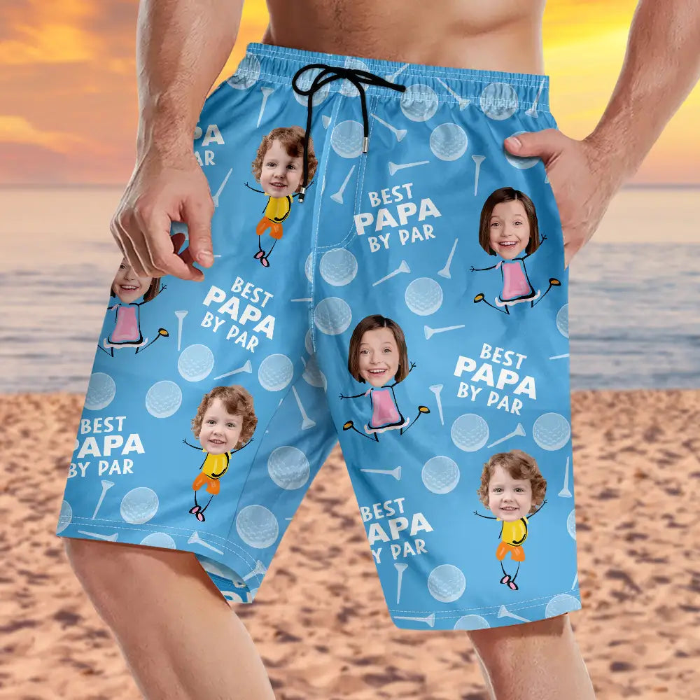 Gift For Father,Gift For Husband,Sport Dad,Golf,Dad's Hobby,Dad,Children - Custom Photo Best Daddy By Par Funny Golf Lover - Personalized Unisex Beach Shorts