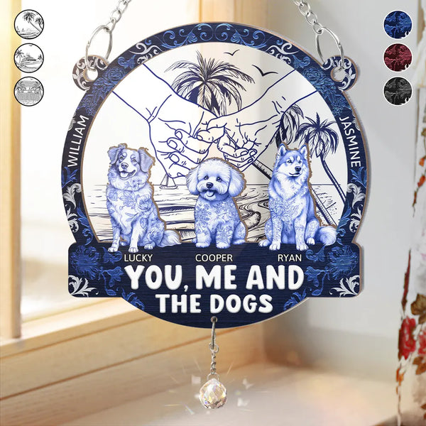 Summer Couple You And Me And The Dogs Toile Art - Personalized Window Hanging Suncatcher Ornament