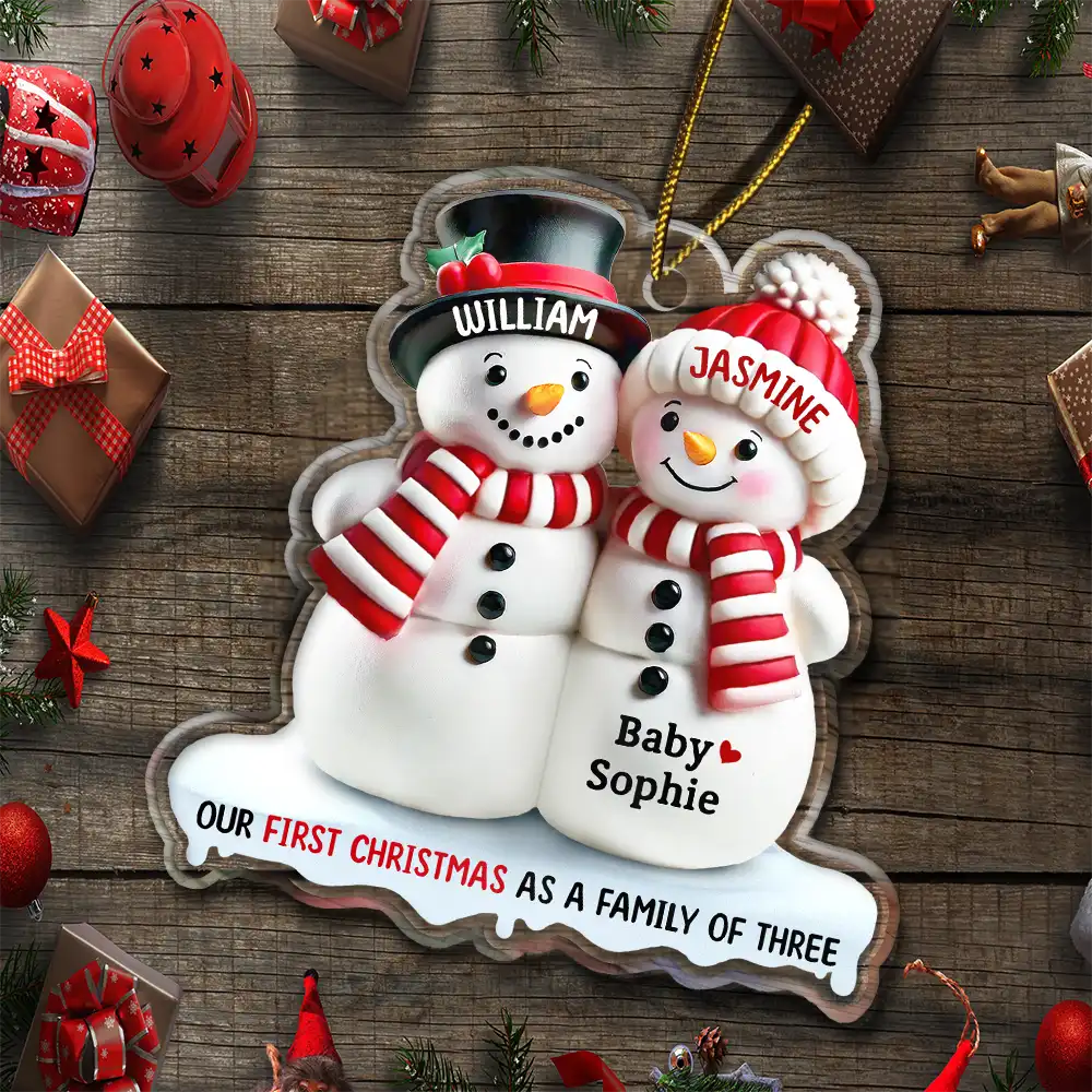 New Dad,New baby,New Mom,Christmas - Our First Christmas As A Family Of Three Snow Family 3D Effect - Personalized Custom Shaped Acrylic Ornament