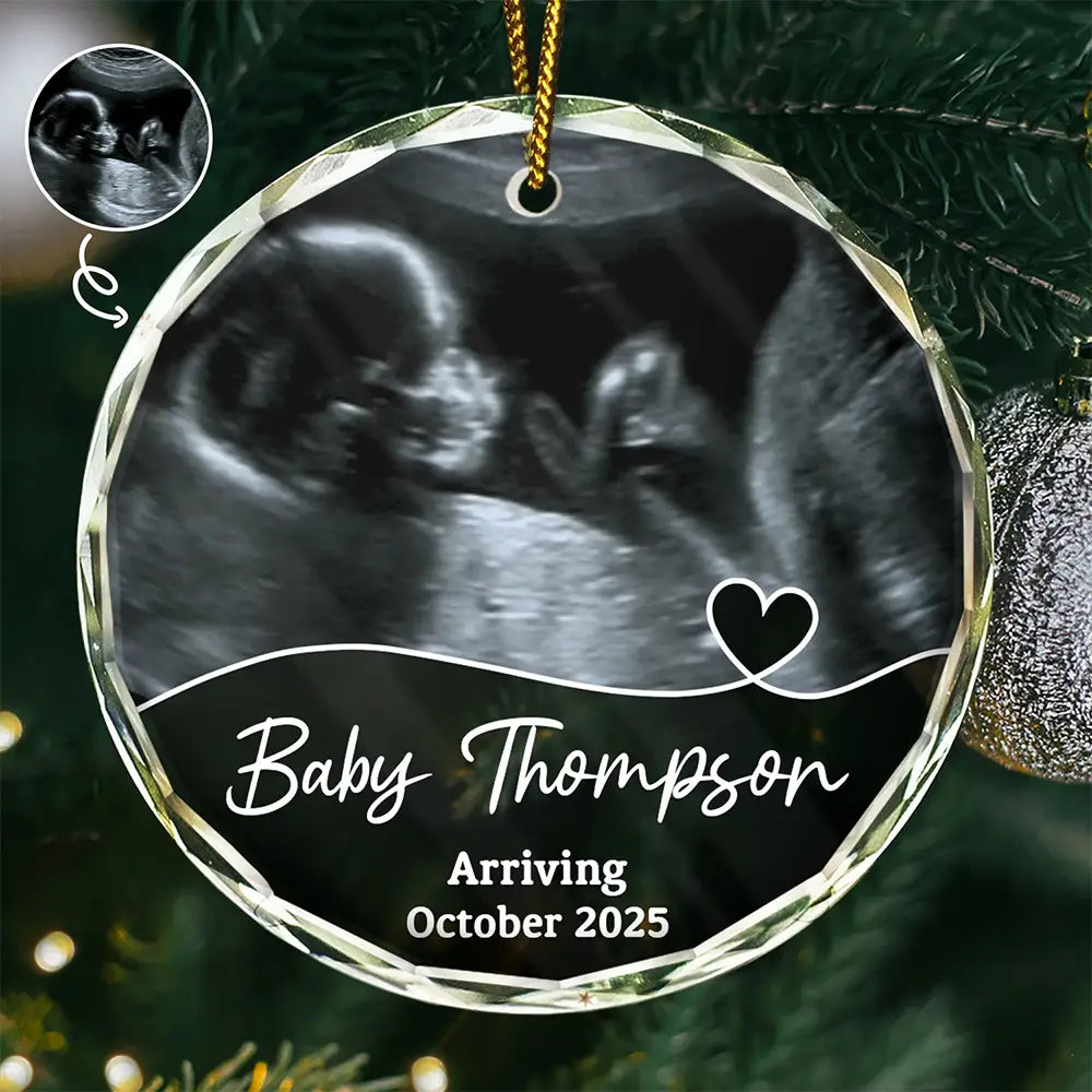 Custom Photo Arriving Baby First Christmas Ultrasound - Personalized Circle Glass Ornament