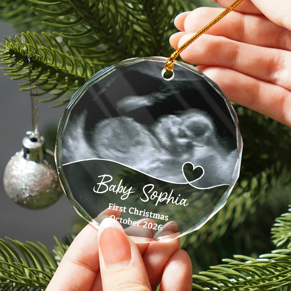 Custom Photo Arriving Baby First Christmas Ultrasound - Personalized Circle Glass Ornament