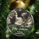 Custom Photo Arriving Baby First Christmas Ultrasound - Personalized Circle Glass Ornament