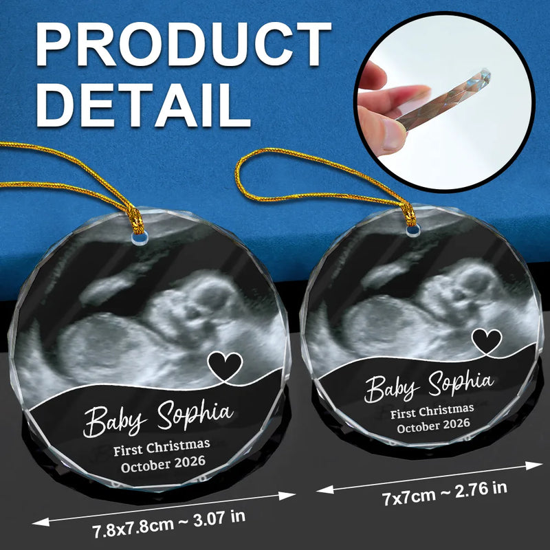 Custom Photo Arriving Baby First Christmas Ultrasound - Personalized Circle Glass Ornament