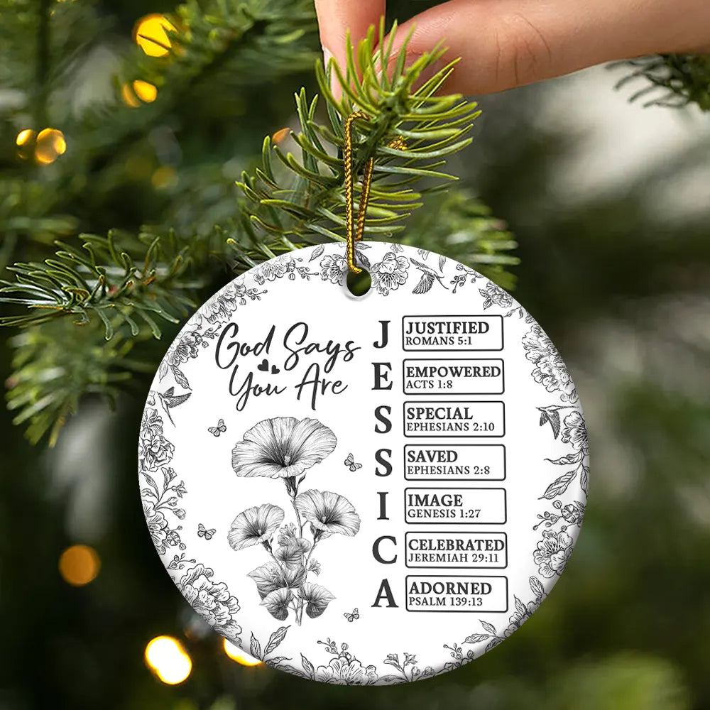 Gift For Yourself,Gift For Women,Happy,Christmas,Christian - God Says I Am Name Letter In Bible Toile De Jouy Flower - Personalized Circle Ceramic Ornament