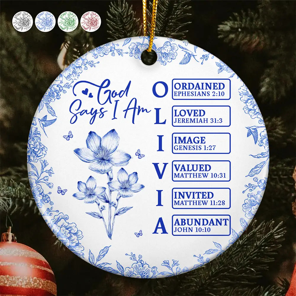 God Says I Am Name Letter In Bible Toile De Jouy Flower - Personalized Circle Ceramic Ornament