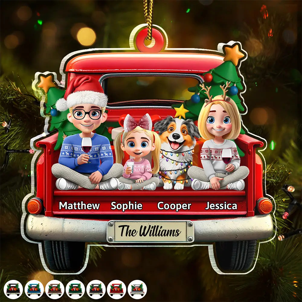 Family In Red Truck Couple With Kids & Pets - Personalized Custom Shaped Acrylic Ornament