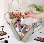 Gift For Yourself,Gift For Women,Happy - Flower Field Birth Month Flower & Name - Personalized Leather Makeup Bag With Handle