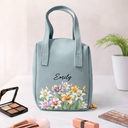 Gift For Yourself,Gift For Women,Happy - Flower Field Birth Month Flower & Name - Personalized Leather Makeup Bag With Handle