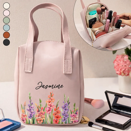 Flower Field Birth Month Flower & Name - Personalized Leather Makeup Bag With Handle