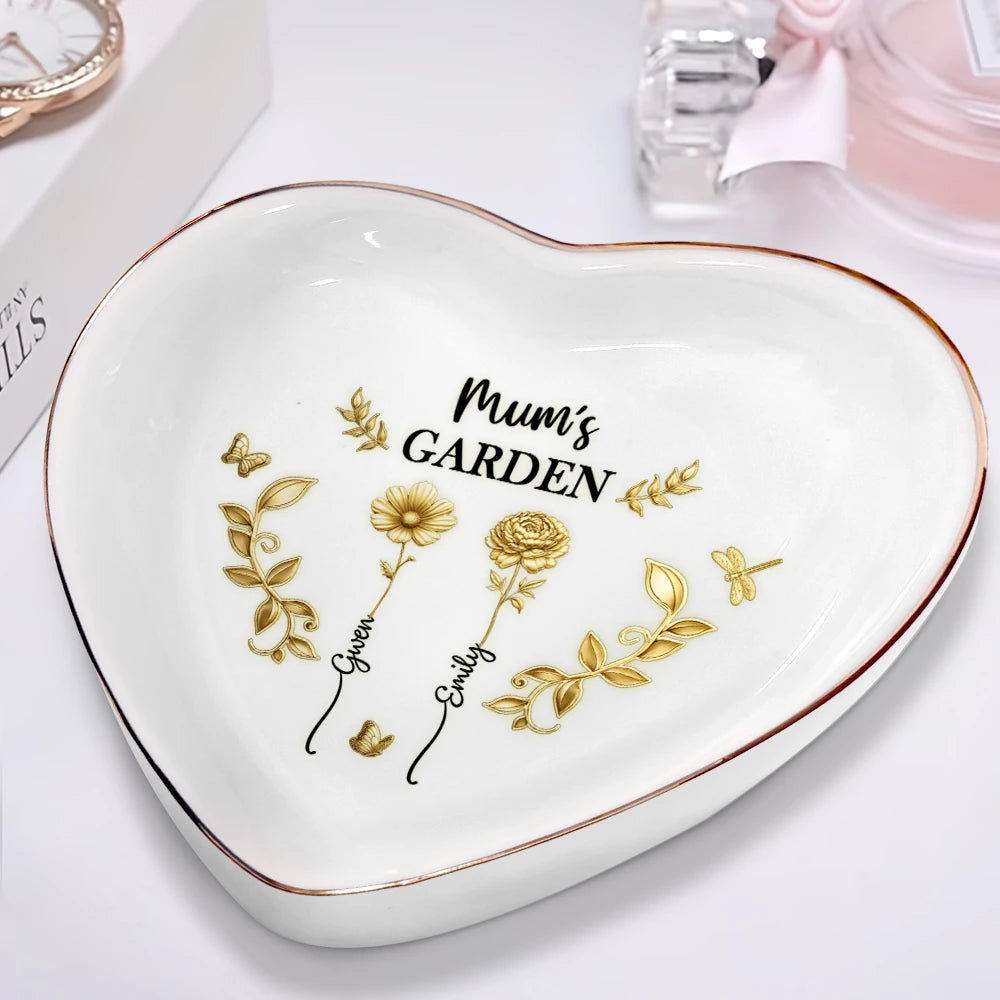Gift For Women,Gift For Mother,Gift For Grandma,Love - 3D Metal Effect Birth Month Flowers Grandmas Moms Garden - Personalized Heart Ring Dish
