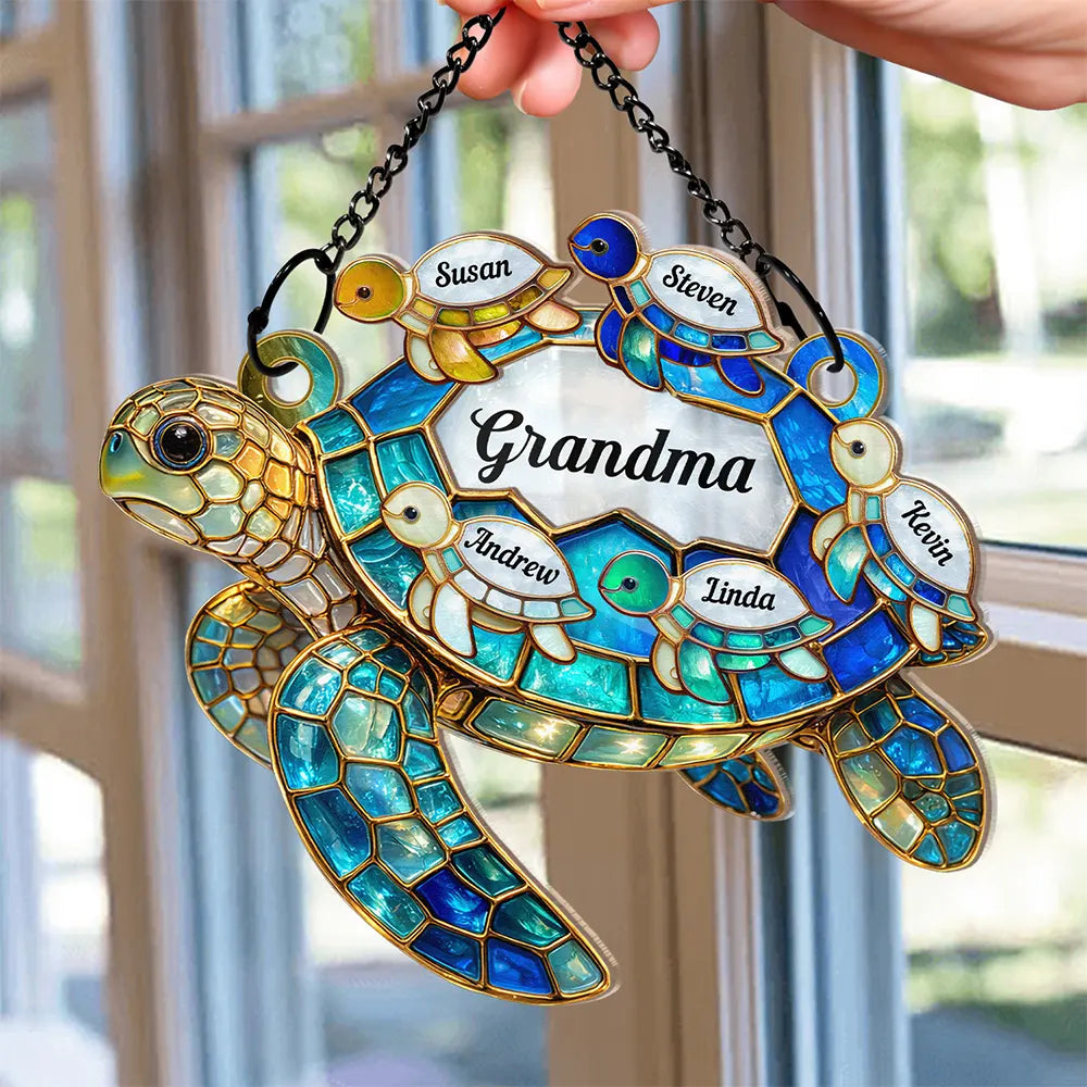 Grandma - Grandkids,Gift For Grandma,Gift For Mother,Happy,Top Market - Turtle Stained Glass Mom Grandma - Personalized Window Hanging Suncatcher Ornament