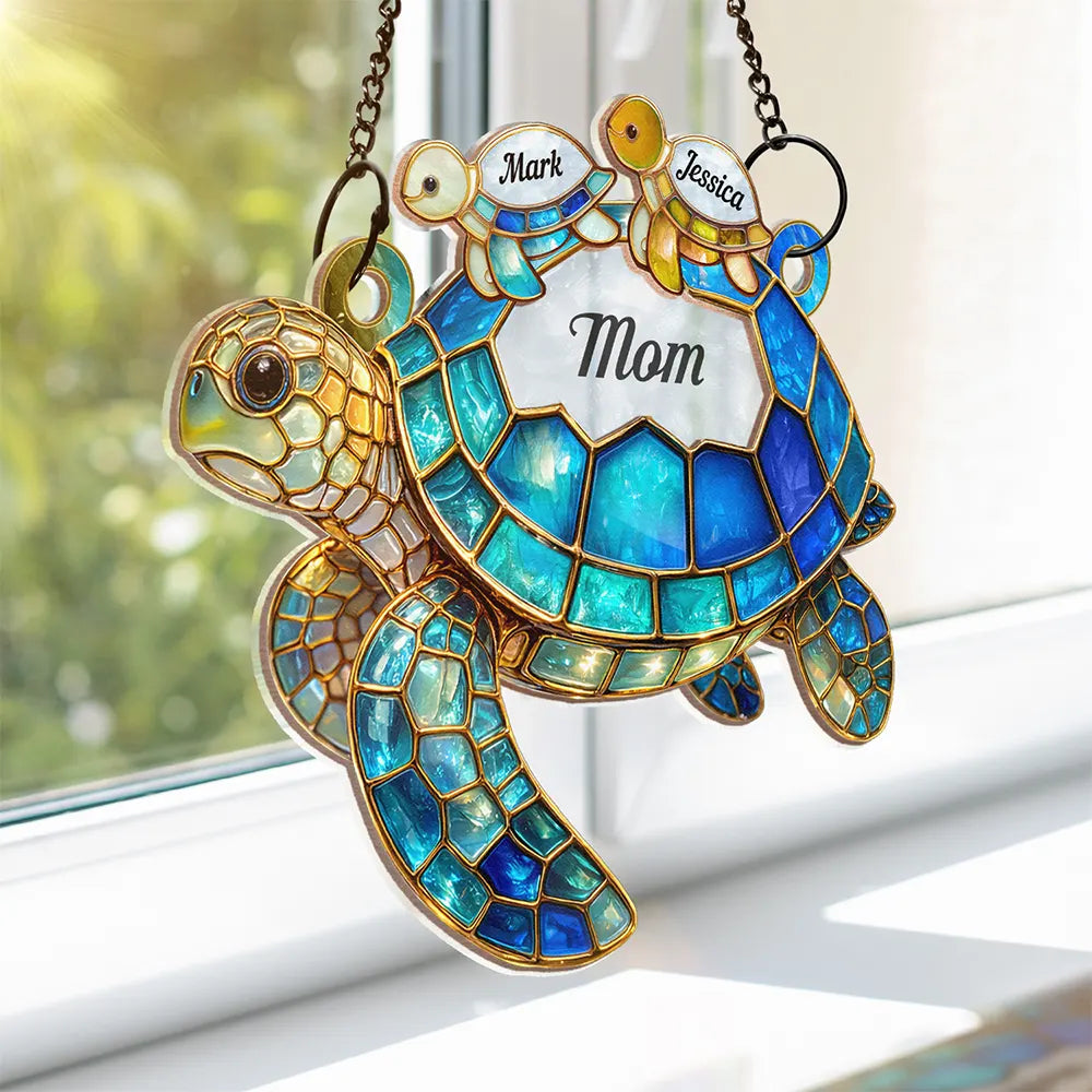 Grandma - Grandkids,Gift For Grandma,Gift For Mother,Happy,Top Market - Turtle Stained Glass Mom Grandma - Personalized Window Hanging Suncatcher Ornament