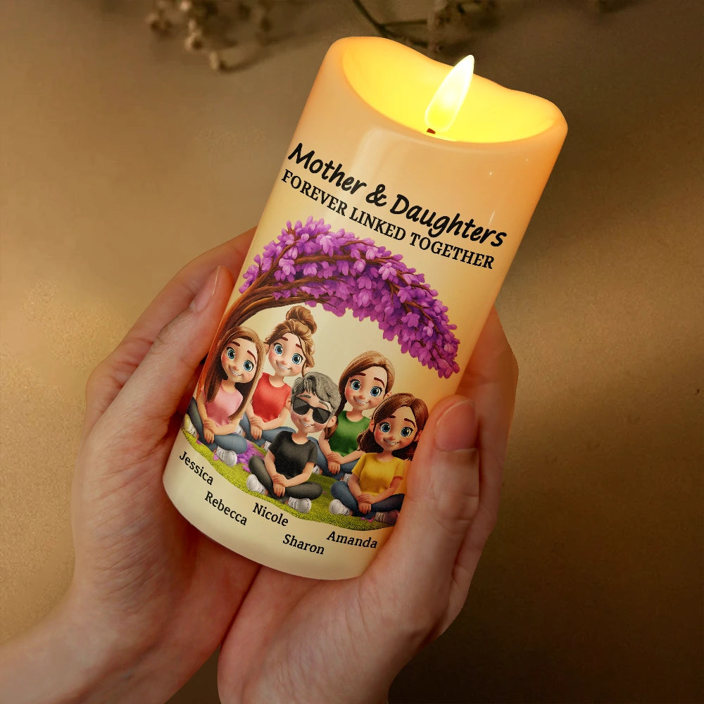 Gift For Mother,Mom - Daughters (Adult),Happy - Mother Daughter Under The Tree Forever Linked Together - Personalized Flameless LED Candle