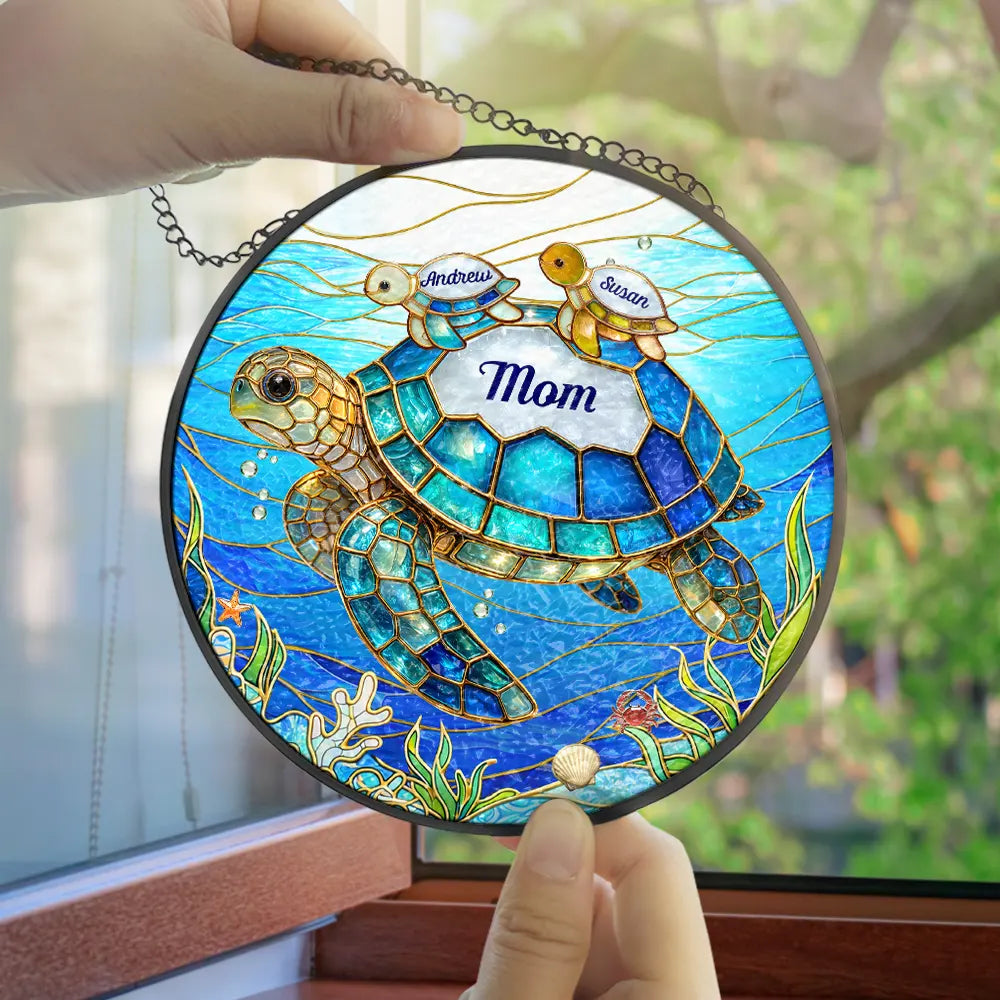 Gift For Grandma,Grandma - Grandkids,Gift For Mother,Beach,Happy - In The World Full Of Grandmas Be A Nana Turtle - Personalized Stained Glass Window Hanging Suncatcher