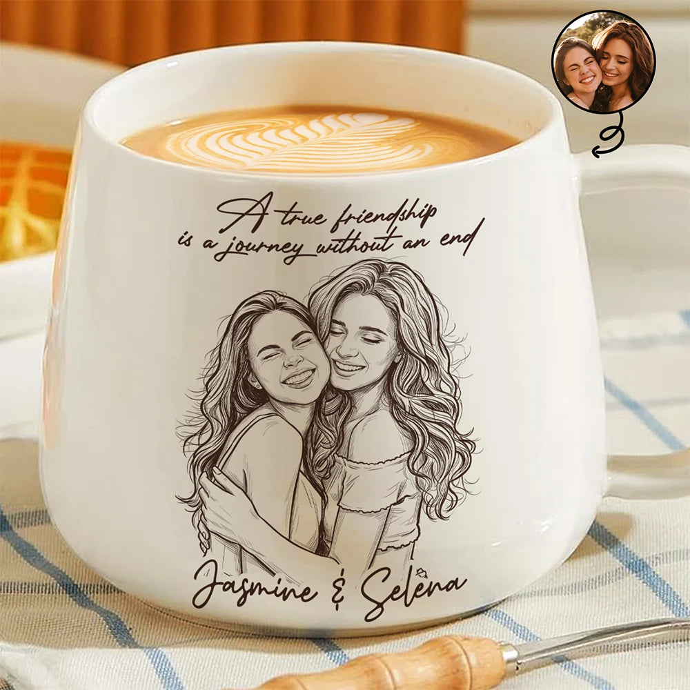 Custom Photo Pencil Sketch A True Friendship Is A Journey Without An End - Personalized Tapered Mug
