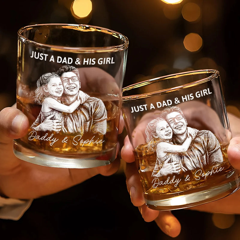 Custom Photo,Gift For Father,Dad - Daughters (Young),Non-Eng,Photo - Pencil Sketch (Dark BG),Proud - Custom Photo White Pencil Sketch Art Just A Dad And His Girl - Personalized Whiskey Glass