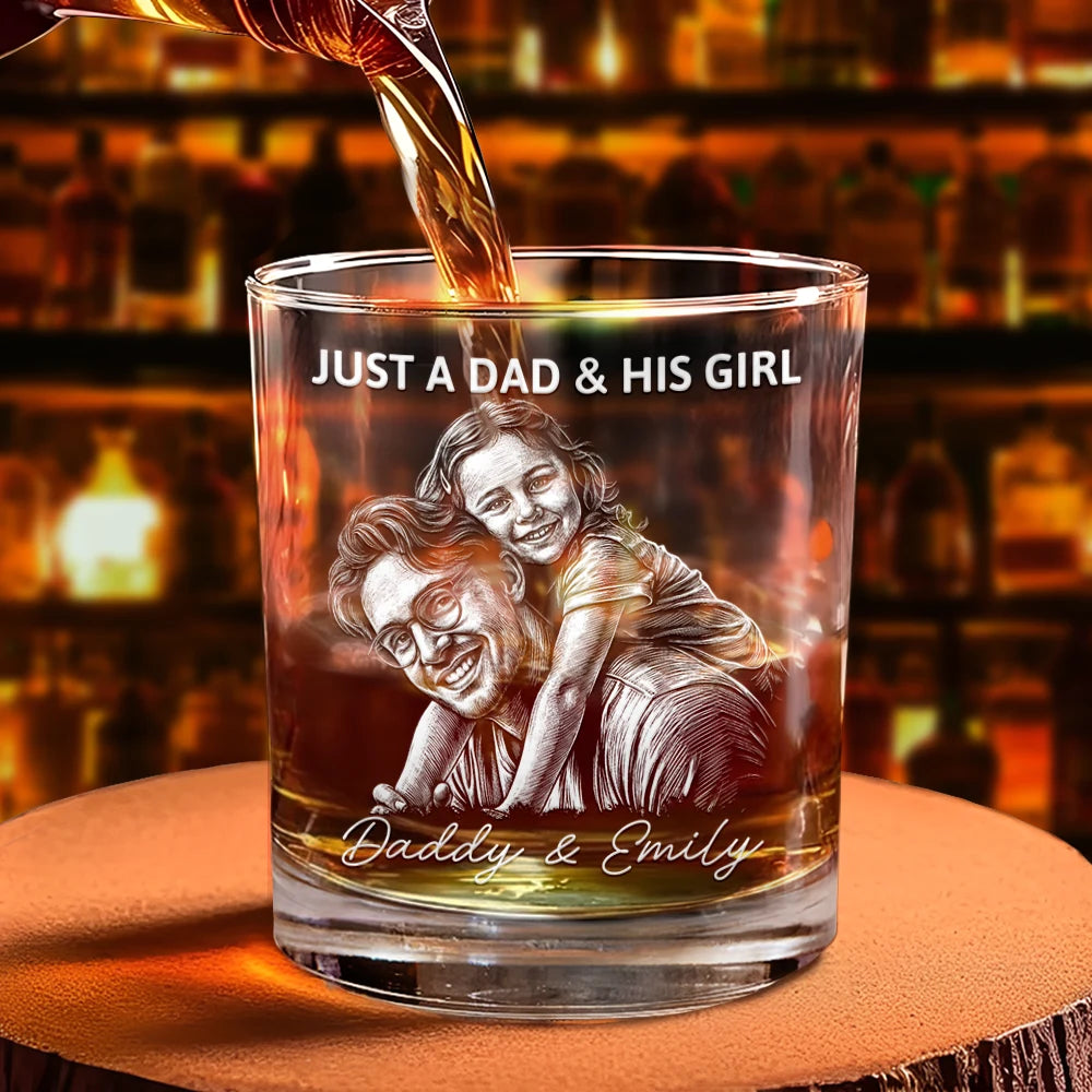 Custom Photo,Gift For Father,Dad - Daughters (Young),Non-Eng,Photo - Pencil Sketch (Dark BG),Proud - Custom Photo White Pencil Sketch Art Just A Dad And His Girl - Personalized Whiskey Glass