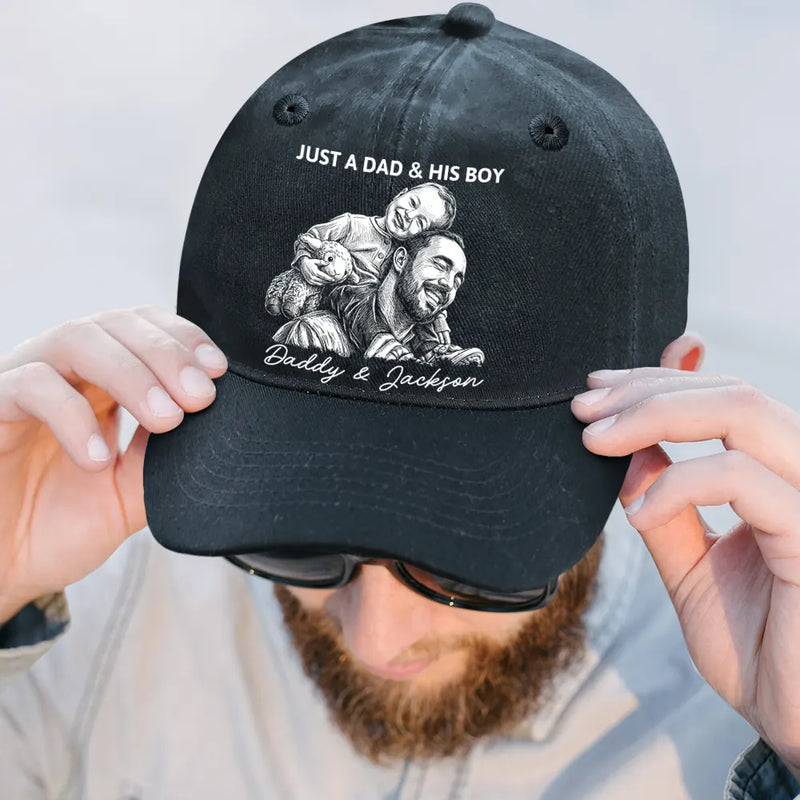 Custom Photo,Gift For Father,Dad - Daughters (Young),Non-Eng,Photo - Pencil Sketch (Dark BG),Proud - Custom Photo White Pencil Sketch Art Just A Dad And His Girl - Personalized Vintage Washed Denim Cap