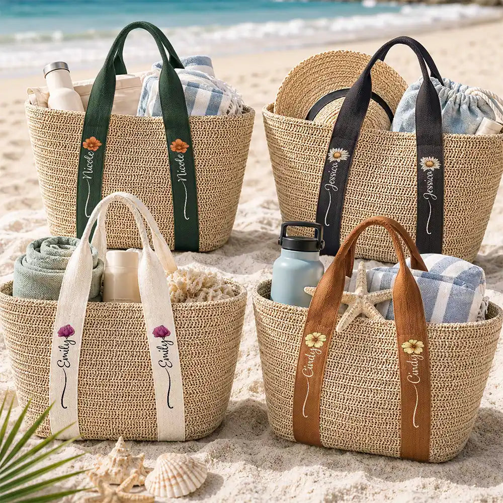 Gift For Yourself, Gift For Women, Summer, Adorable, Icon - Birth Month Flower With Name - Personalized Straw Beach Bag