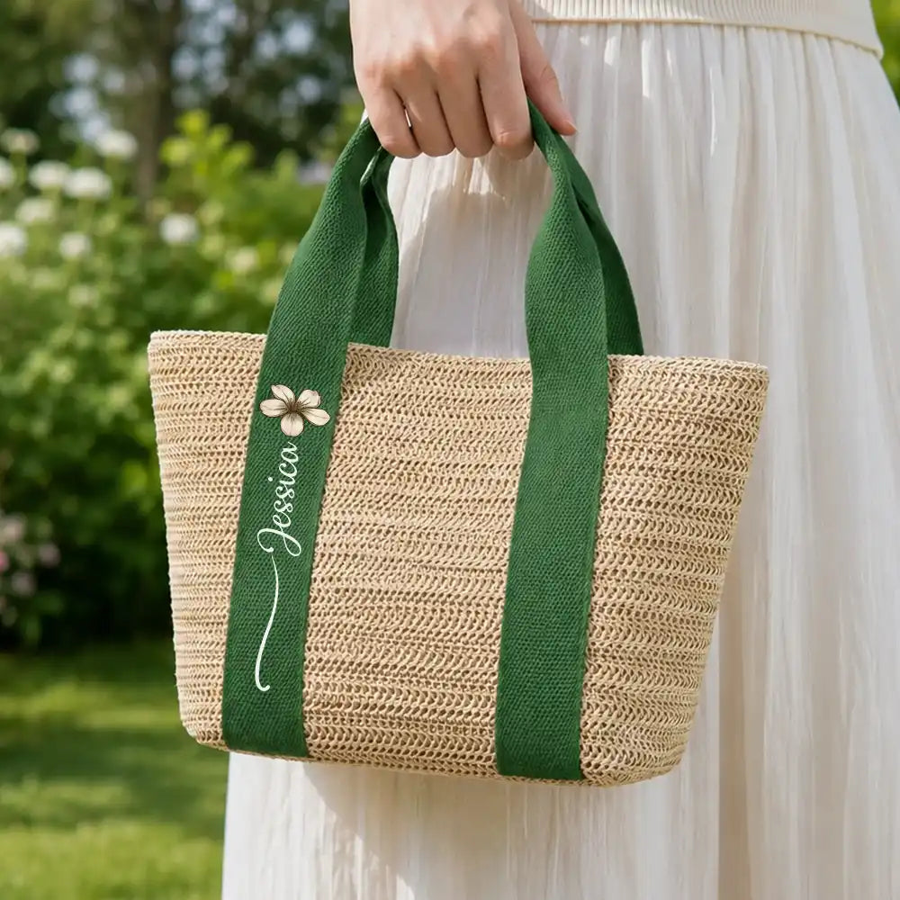 Gift For Yourself, Gift For Women, Summer, Adorable, Icon - Birth Month Flower With Name - Personalized Straw Beach Bag