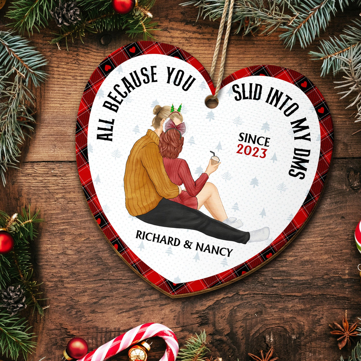 Christmas Couple All Because You Slid Into My Dms - Gift For Couples - Personalized Custom Shaped Wooden Ornament