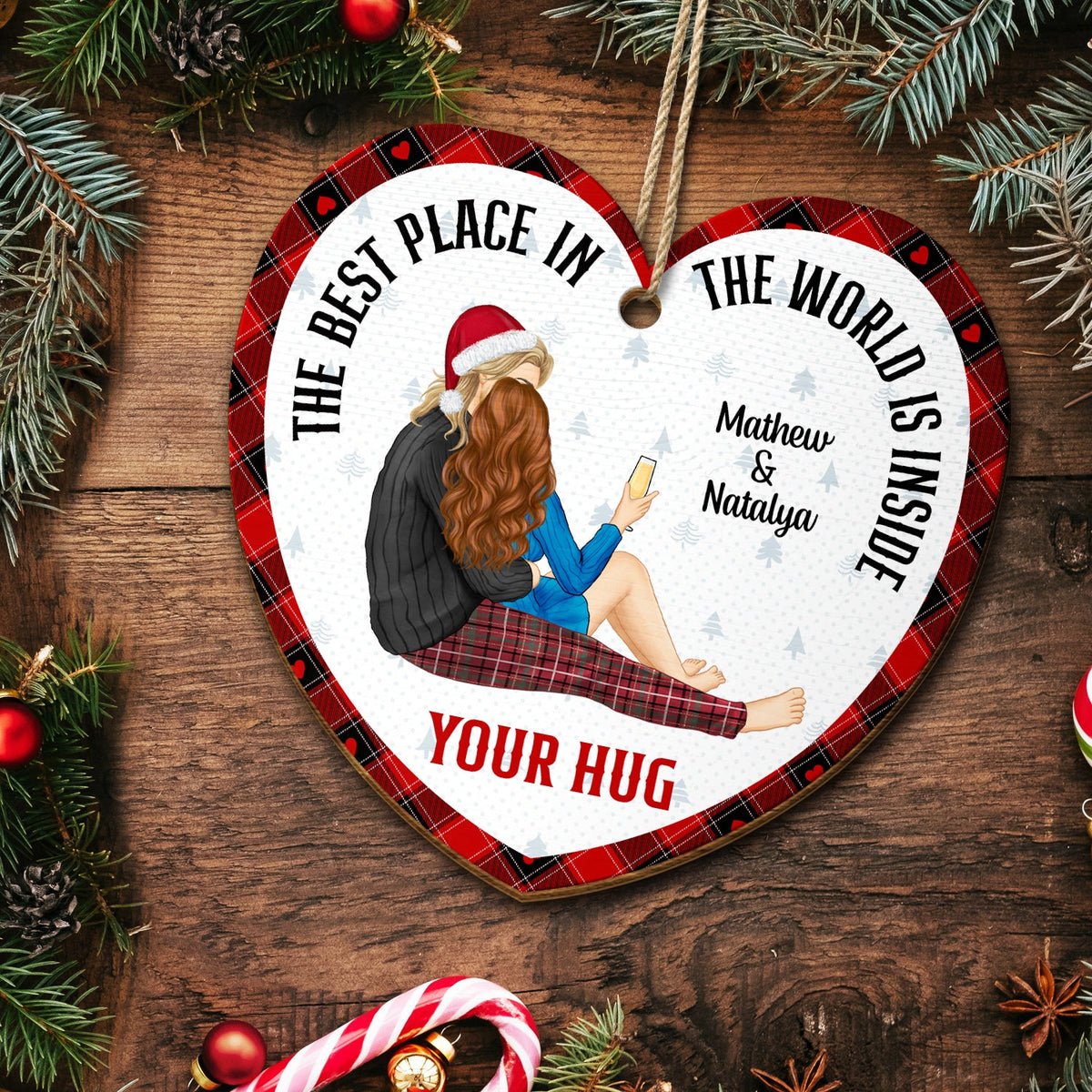 Christmas Couple The Best Place Is Inside Your Hug - Gift For Couples - Personalized Custom Shaped Wooden Ornament