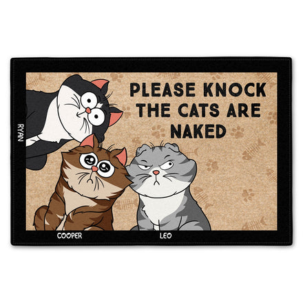 Cartoon Cat Please Knock The Cats Are Naked - Gift For Cat Lovers - Personalized Doormat