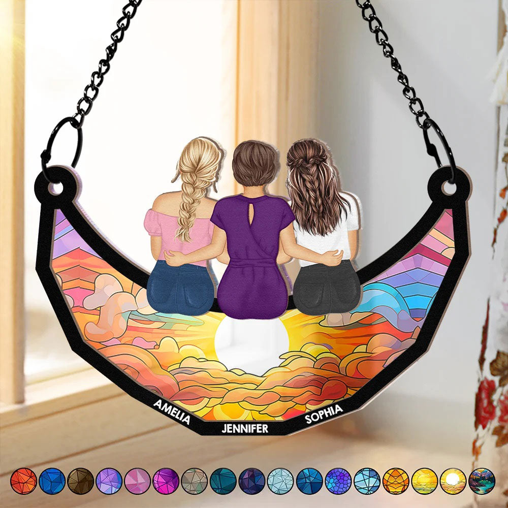 Grandma Mom And Children Sitting On The Moon - Personalized Window Hanging Suncatcher Ornament