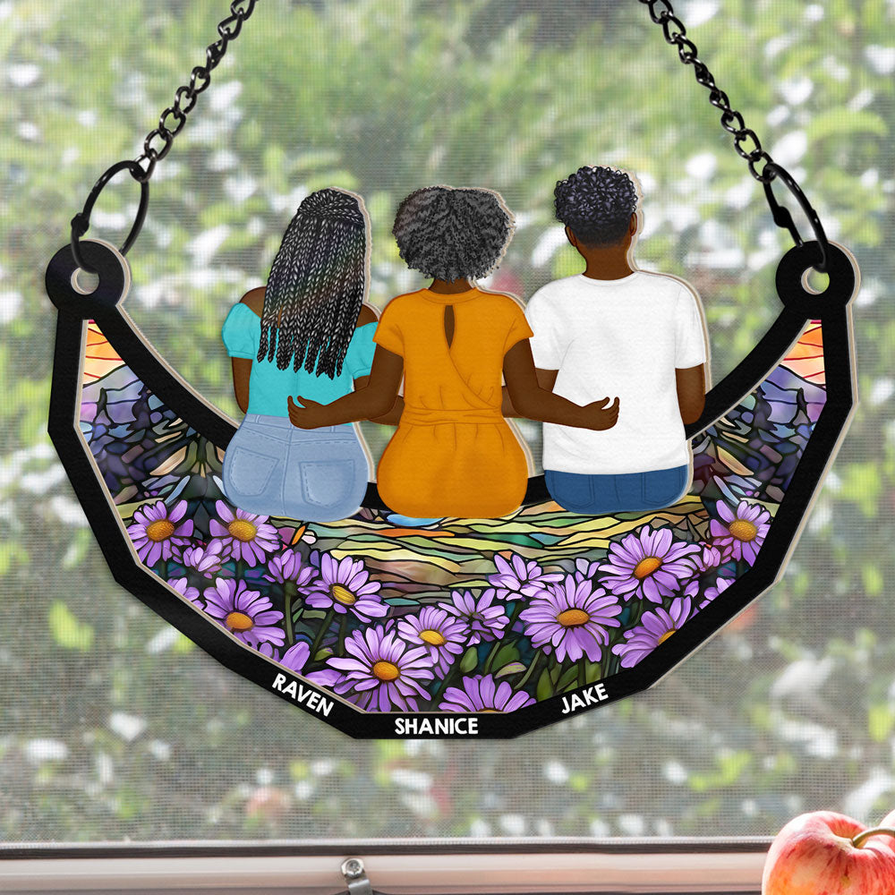 Together On The Moon Grandma, Mom And Children - Personalized Window Hanging Suncatcher Ornament
