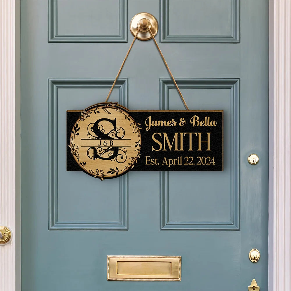 Monogram Wedding Gift Happily Married - Personalized Custom Shaped Wood Sign
