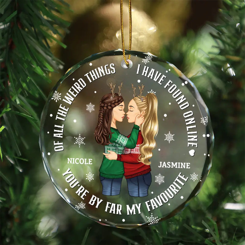 Christmas Couple Sideview You Are My Favorite By Far - Personalized Circle Glass Ornament